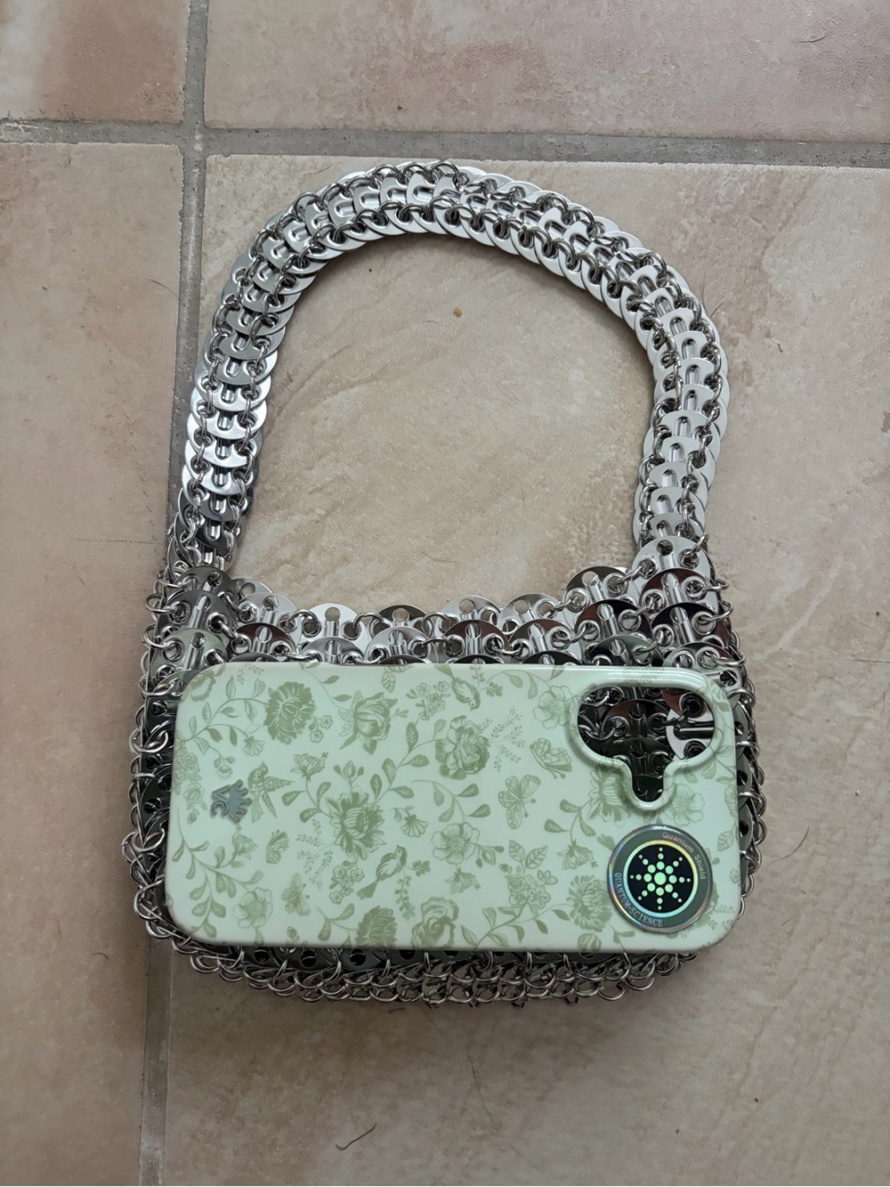 Brand new Silver Chainmail Shoulder Bag with Light Green Floral Phone Case